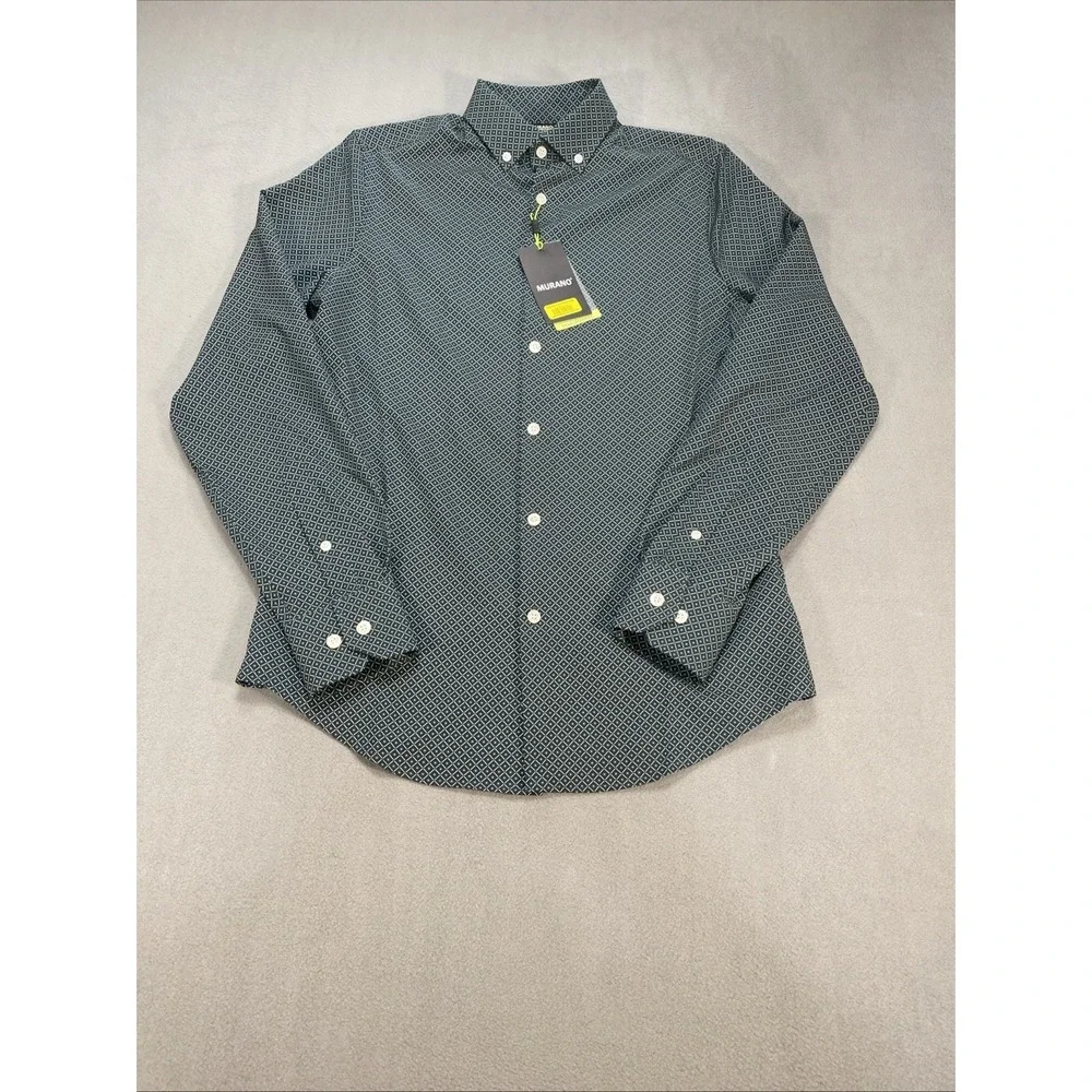 Murano Mens Small Performance Button Down Slim Fit Green Geometric Pattern NWT